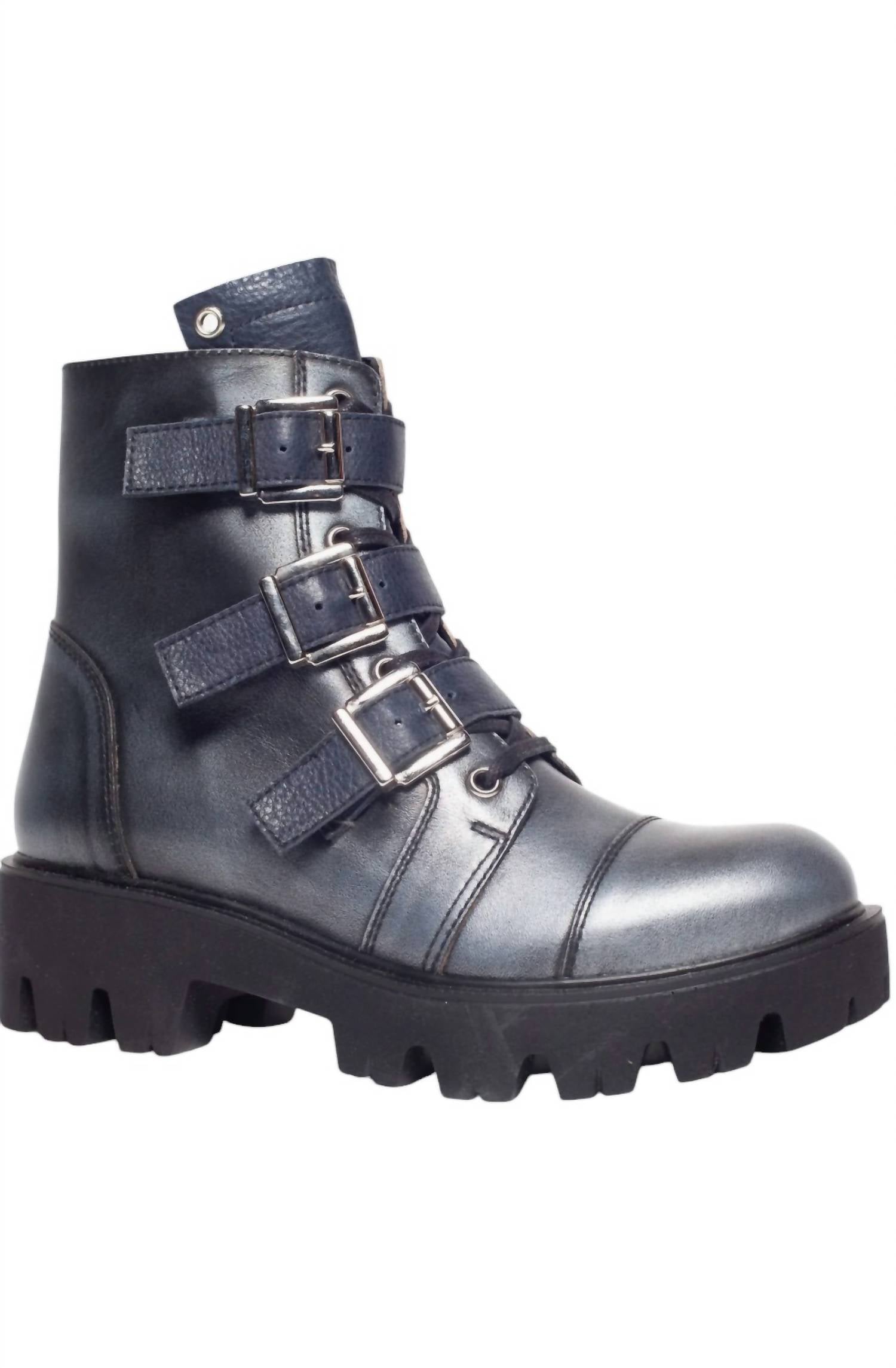 Women's Paris Combat Boots In Silver/dark Blue Black Leather