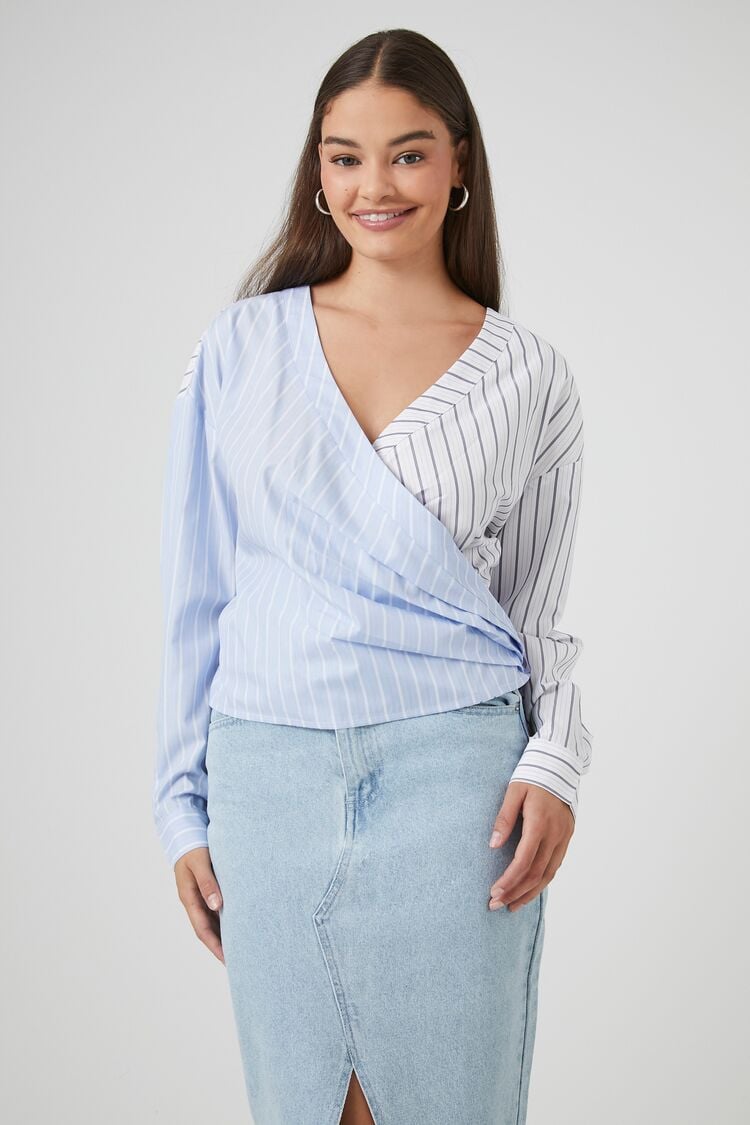 Women's Pinstriped Poplin Wrap Top in White/Blue Small