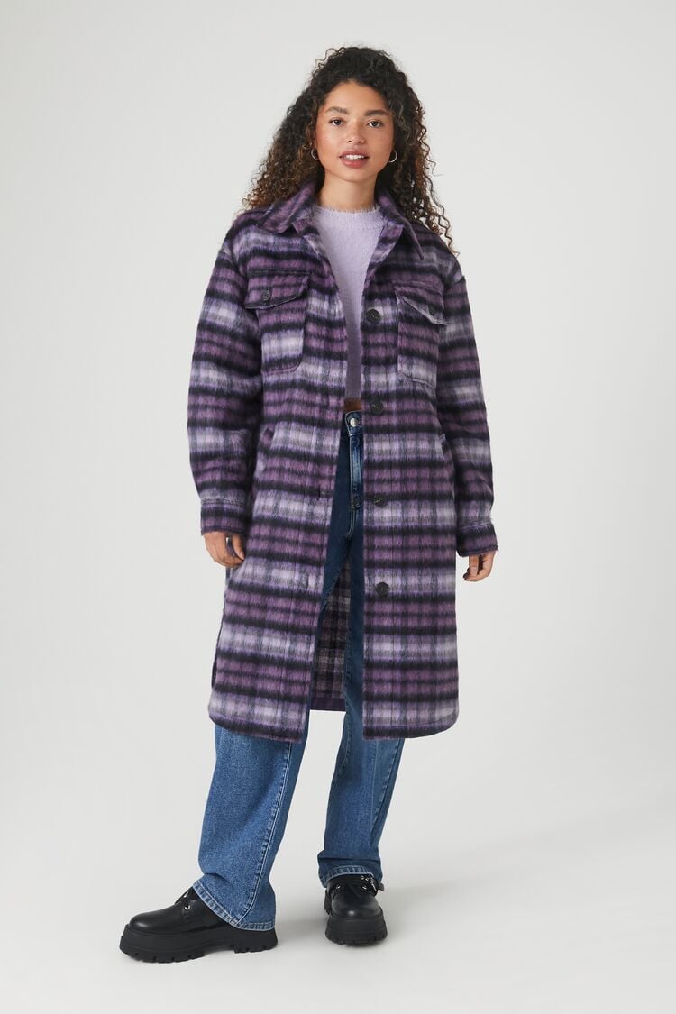 Women's Plaid Longline Shacket in Purple Small