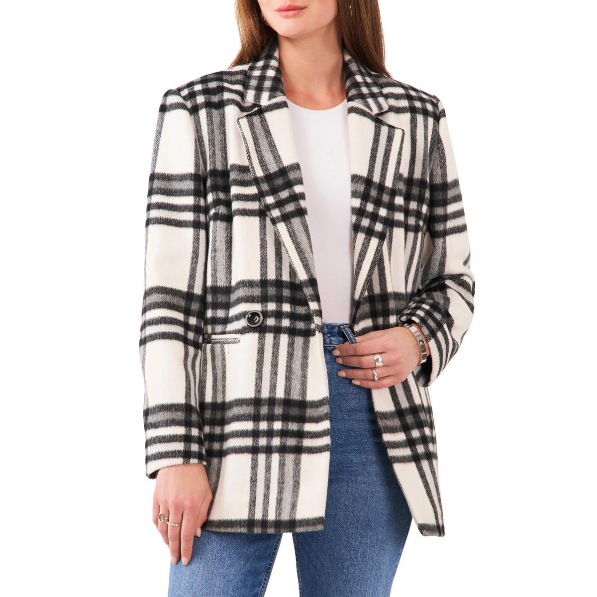 Womens Plaid Notch Collar Double-Breasted Blazer