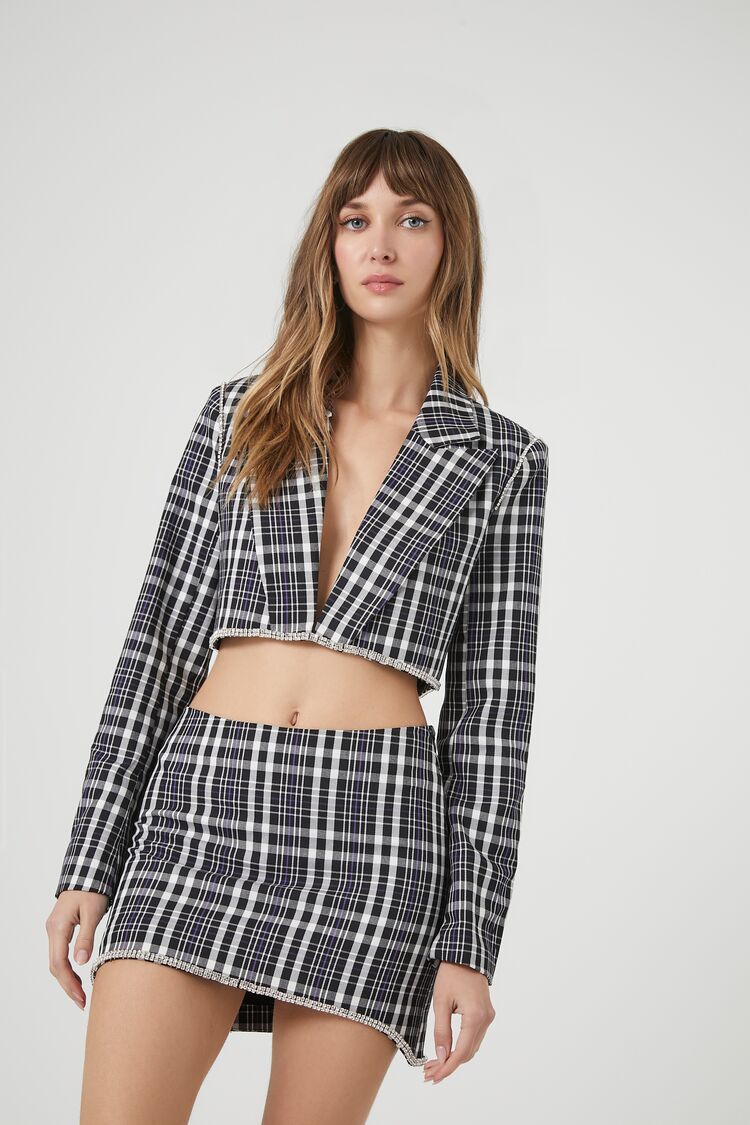 Women's Plaid Rhinestone-Trim Cropped Blazer in Black Medium