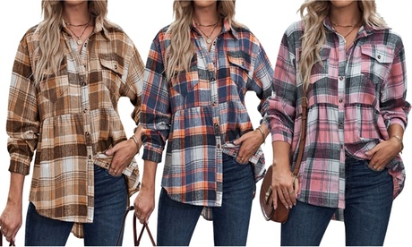 Womens Plaid Shirt Classic Lapel Sleeve Single Breasted Checked Blouse Top M Brown