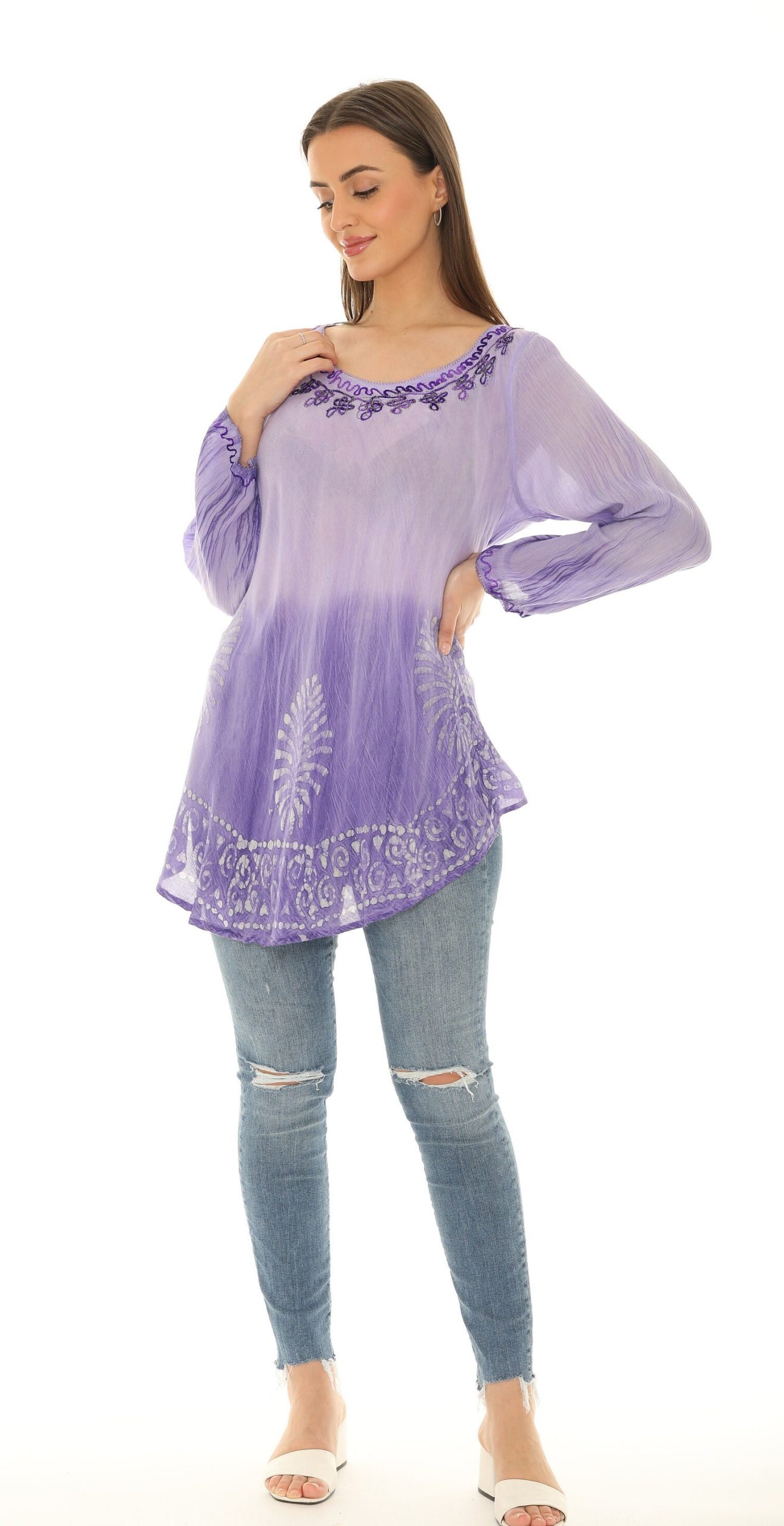 Women's Plus Casual Boho Embroidered Ombre Tie-Dye Tunic Top, Summer Size Top Tunic, Fashion Regular Resort Beach Wear, Cover-Up