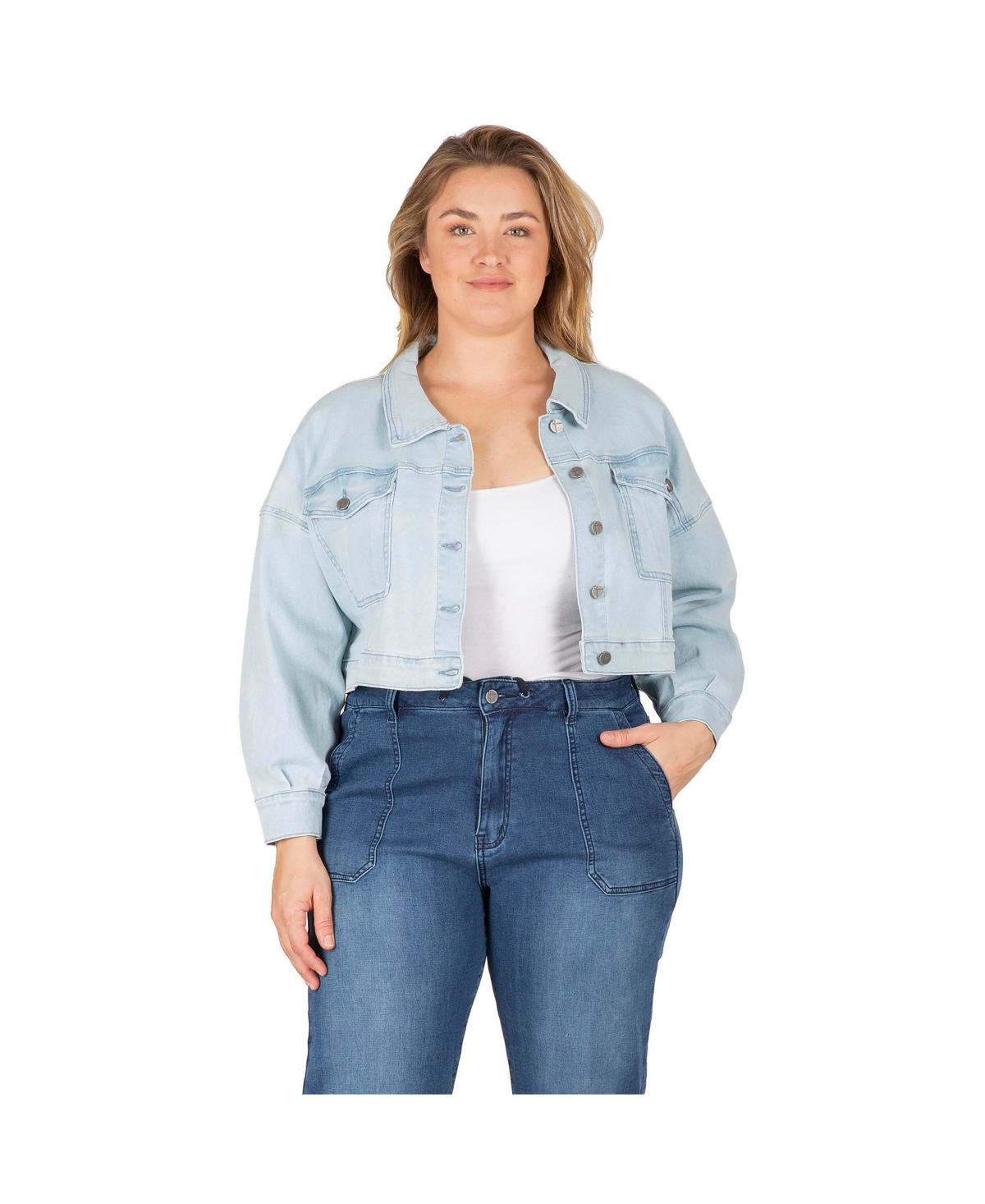 Women's Plus Size Cropped Denim Trucker Jacket - Light/Pastel Blue