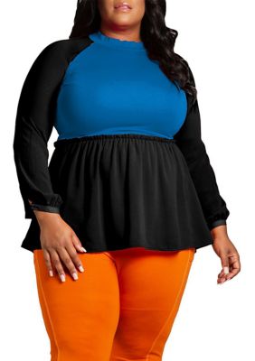 Women's Poetic Justice Plus Size Mock Neck Lantern Sleeve Two Tone Peplum Tunic Top, Turquoise