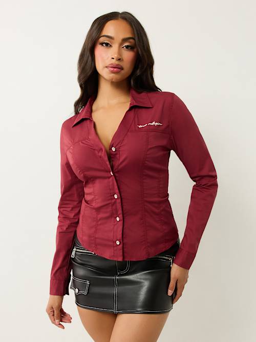 Women's Poplin Embroidered Logo V Neck Shirt | Cordovan | Size XS | Cotton Blend | True Religion