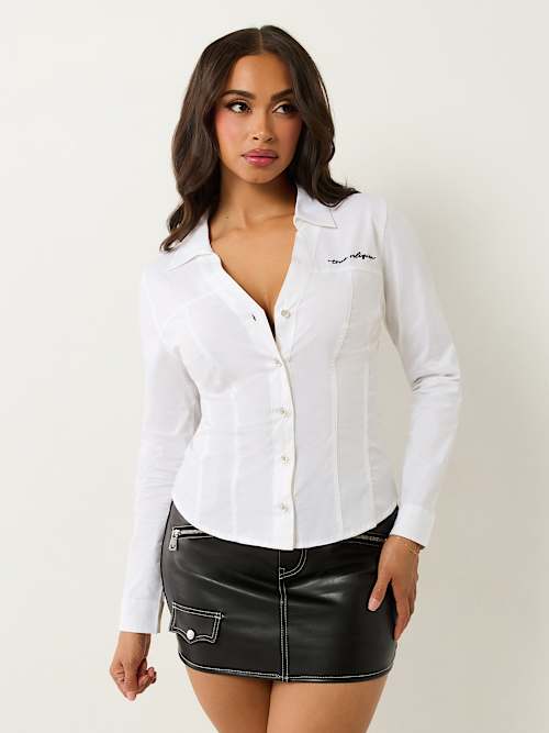 Women's Poplin Embroidered Logo V Neck Shirt | White | Size Small | Cotton Blend | True Religion