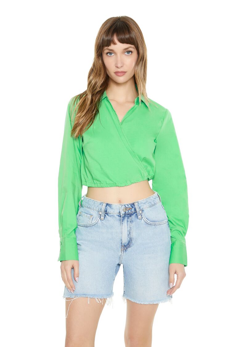 Women's Poplin Surplice Wrap Crop Top in Green Haze Small