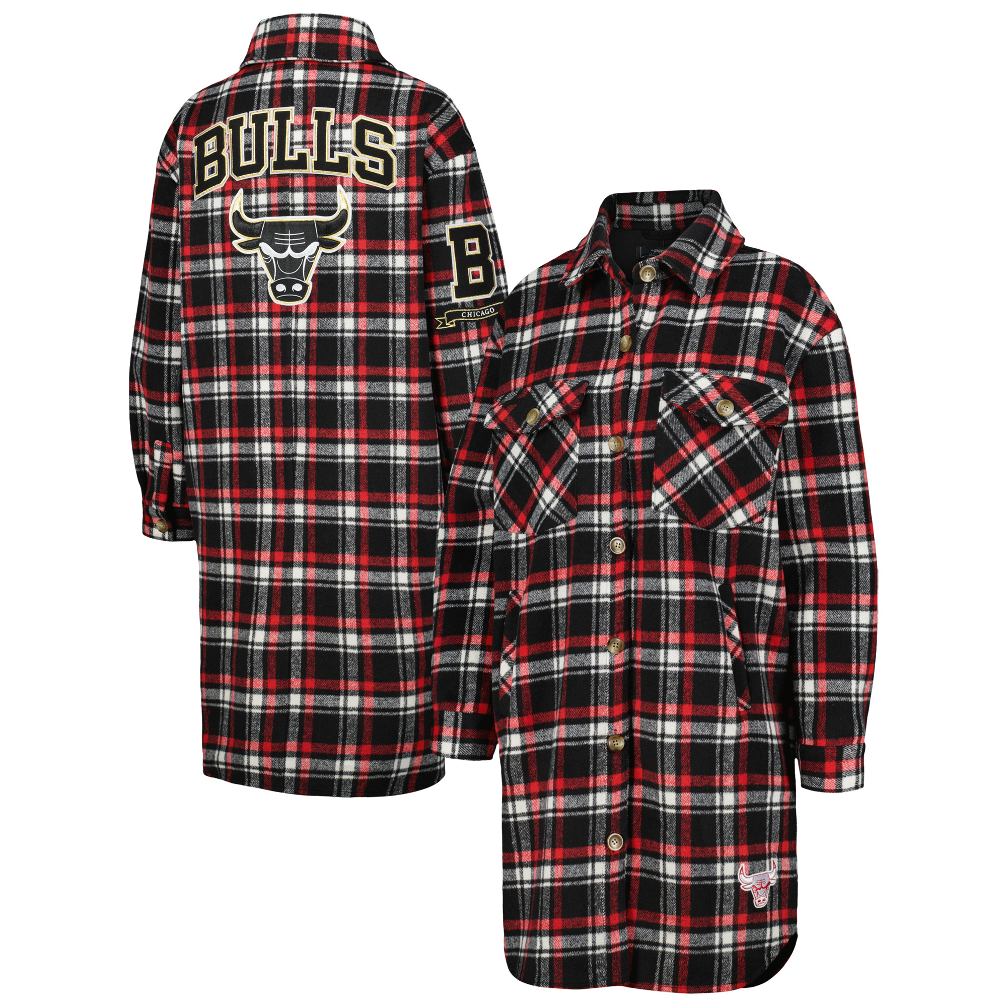 Women's Pro Standard Red/Black Chicago Bulls Prep Plaid Button-Up Shacket