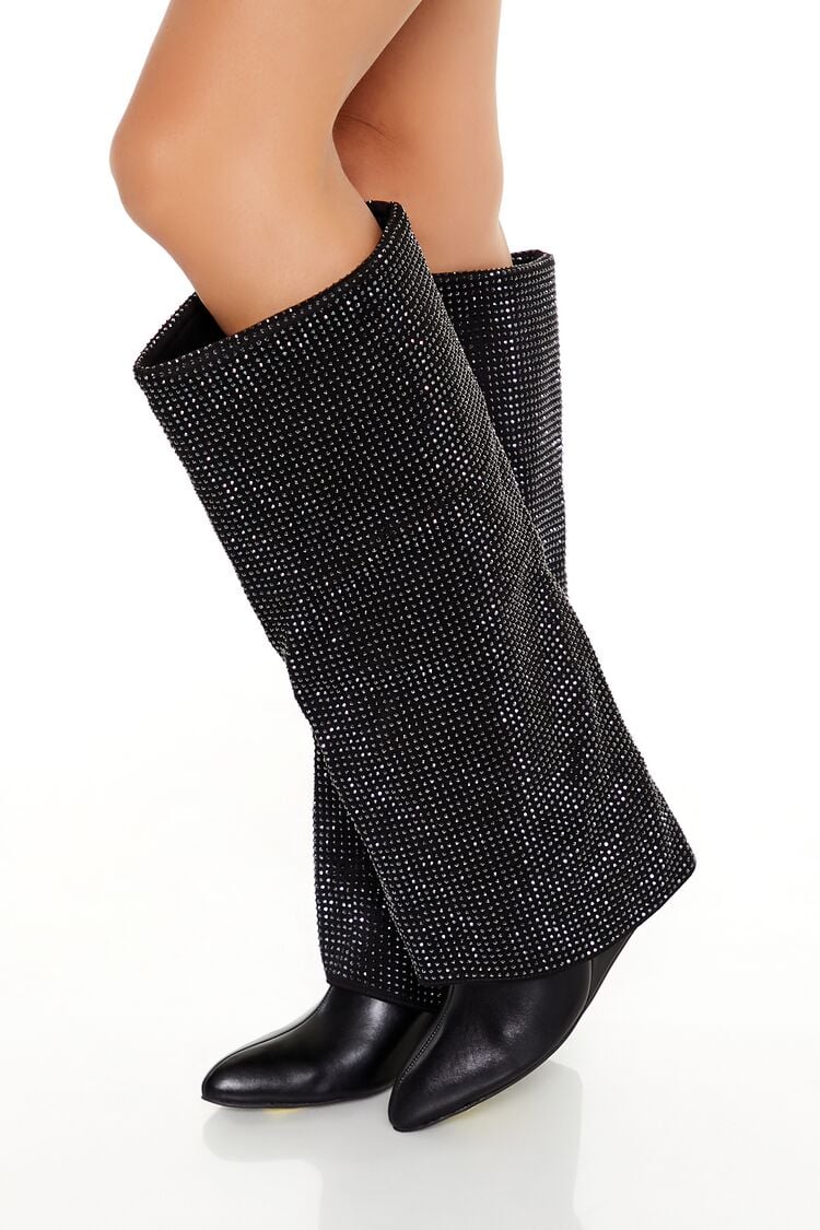 Women's Rhinestone Knee-High Wedge Boots in Black, 6