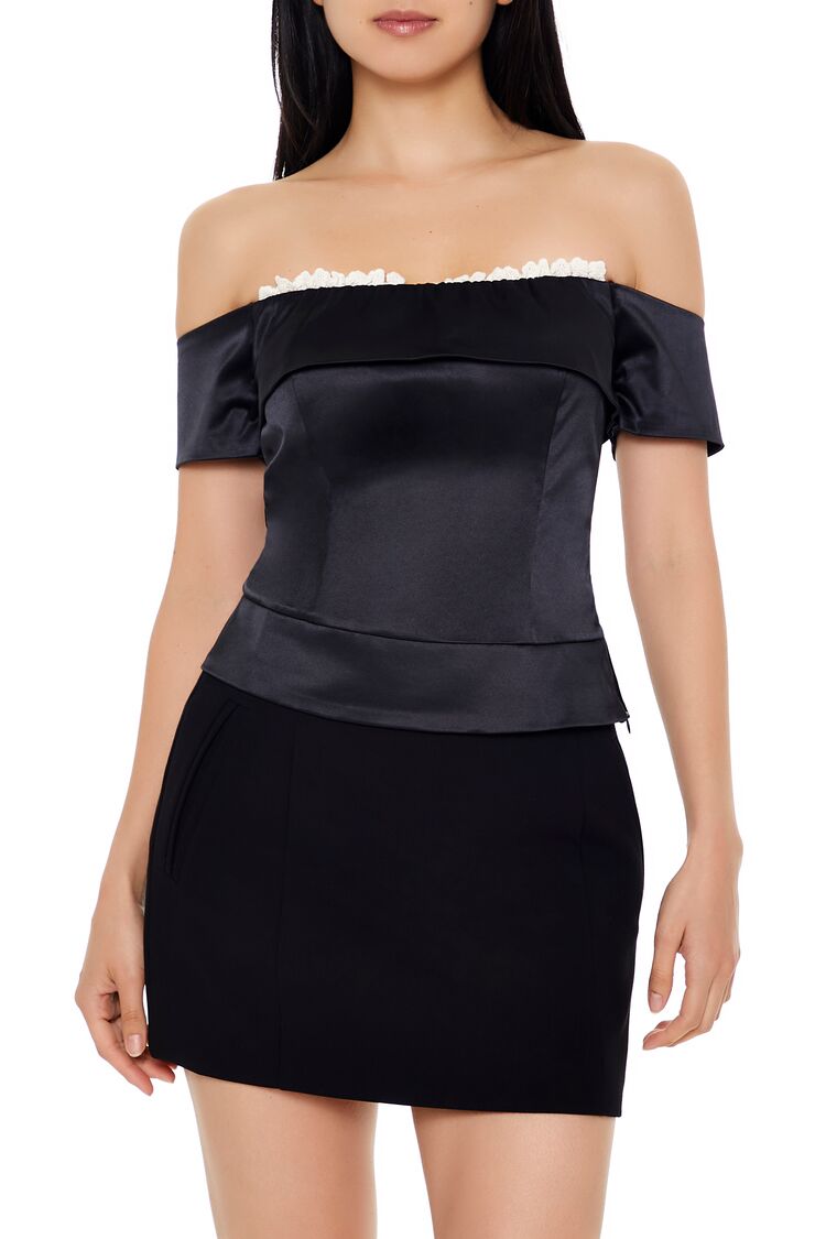 Women's Satin Off-the-Shoulder Crop Top in Black Medium