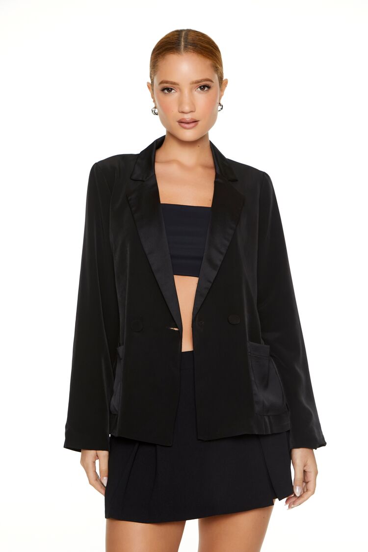 Women's Satin Peak Lapel Longline Blazer in Black, XS