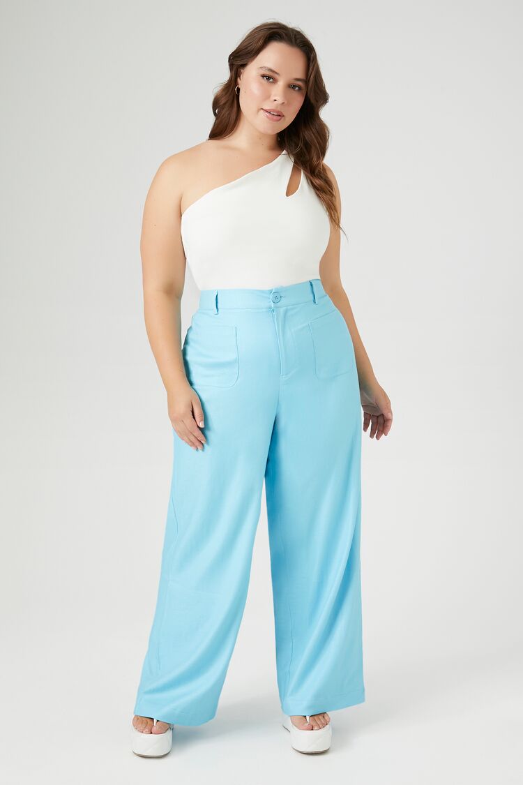 Women's Satin Straight-Leg Pants in Baby Blue, 2X