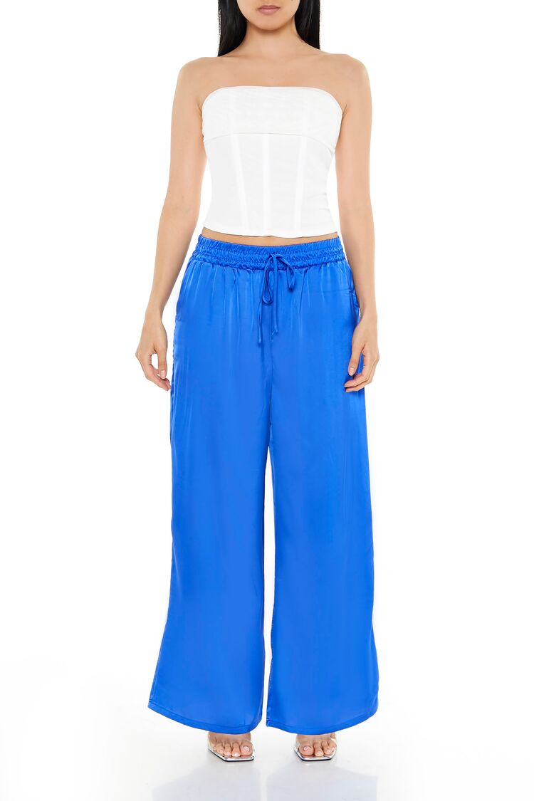 Women's Satin Wide-Leg Drawstring Pants in Blue Small