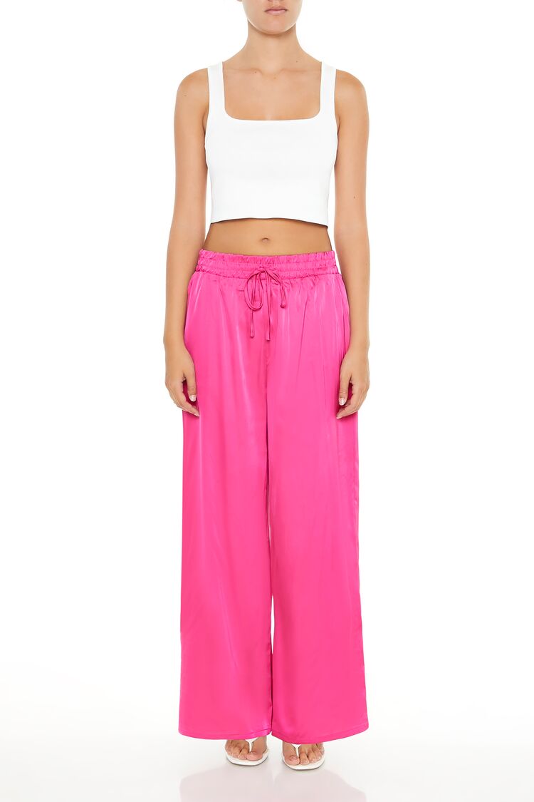 Women's Satin Wide-Leg Drawstring Pants in Pink, XS