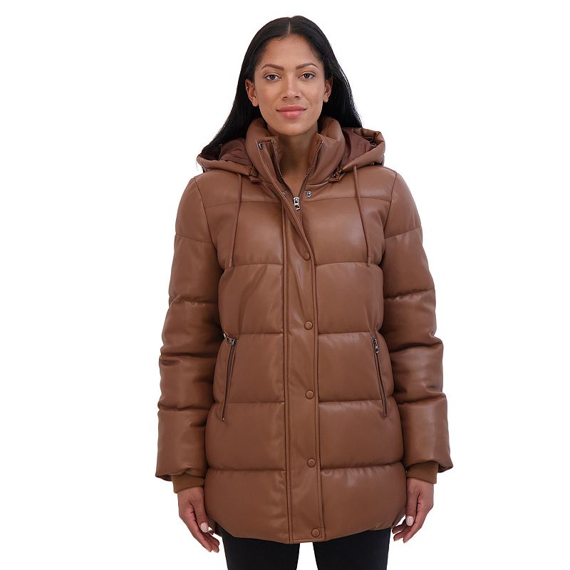 Women's Sebby Collection Faux Leather Puffer Jacket, Size: Large, Toffee