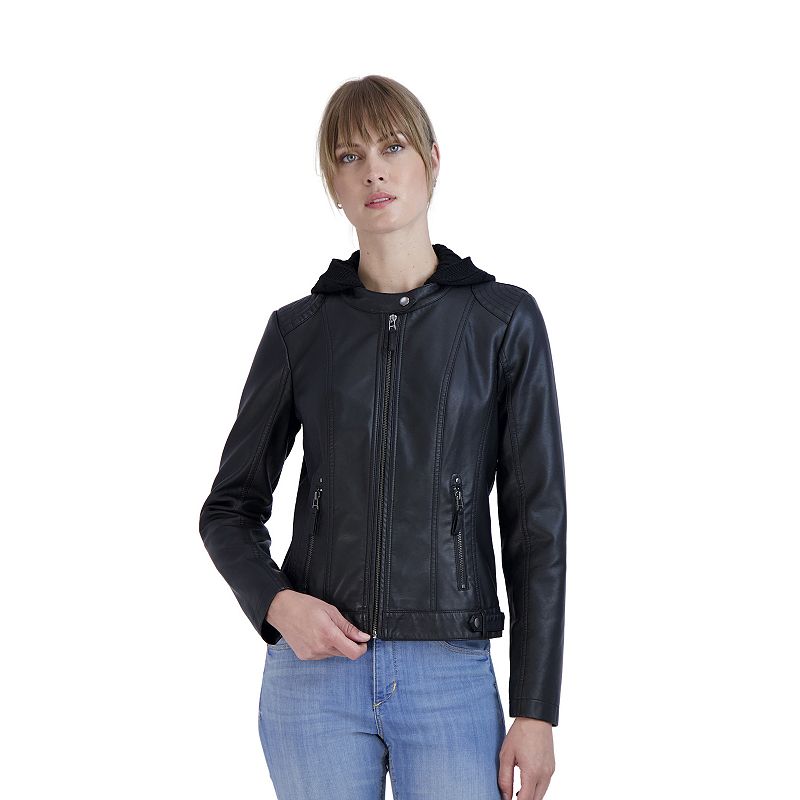 Women's Sebby Collection Hooded Faux-Leather Jacket, Size: Medium, Black