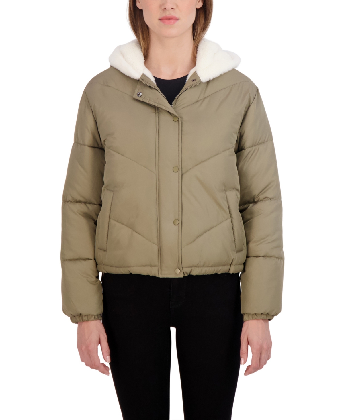 Women's Sebby Junior's Faux Fur Lined Puffer Jacket with Hood - Sage