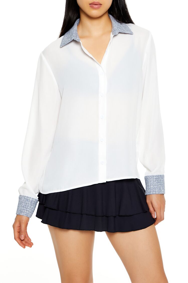 Women's Sheer Chiffon Two-Tone Shirt in White/Blue Medium