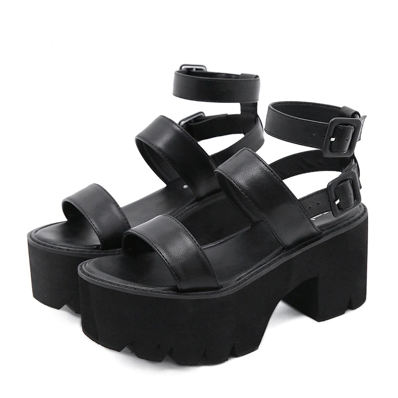 Women's Square Heel Black Sandals / Fashion High Heel Platform Shoes in Goth Style