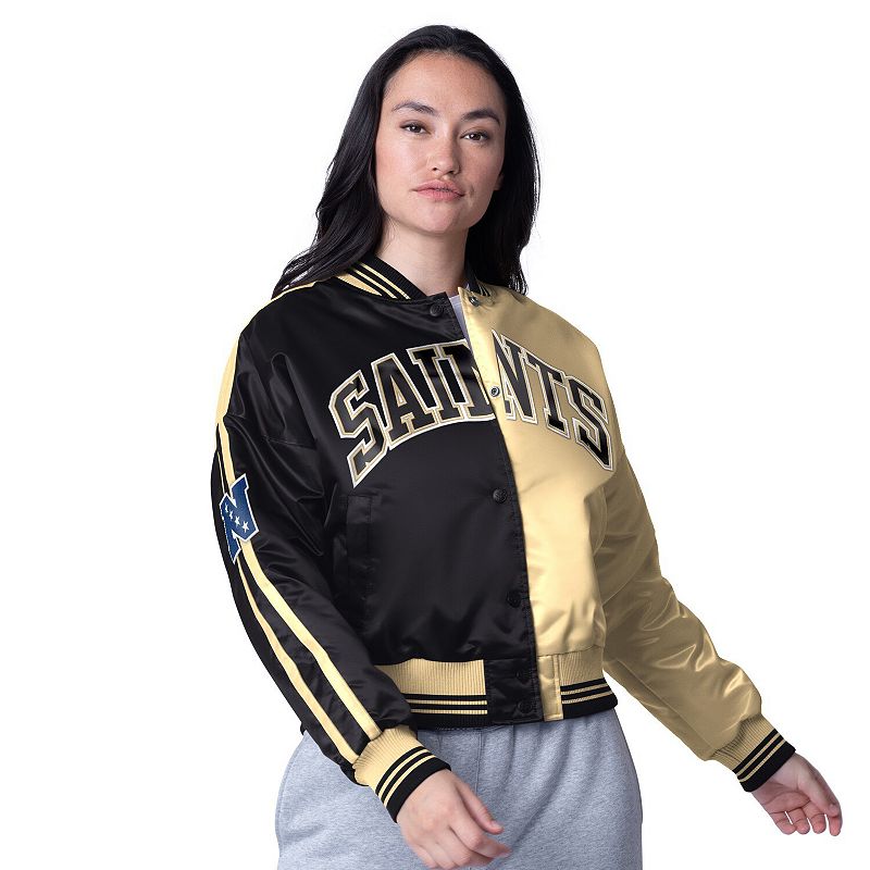 Women's Starter Black/Gold New Orleans Saints Zone Blitz Cropped Full-Snap Satin Jacket, Size: Large