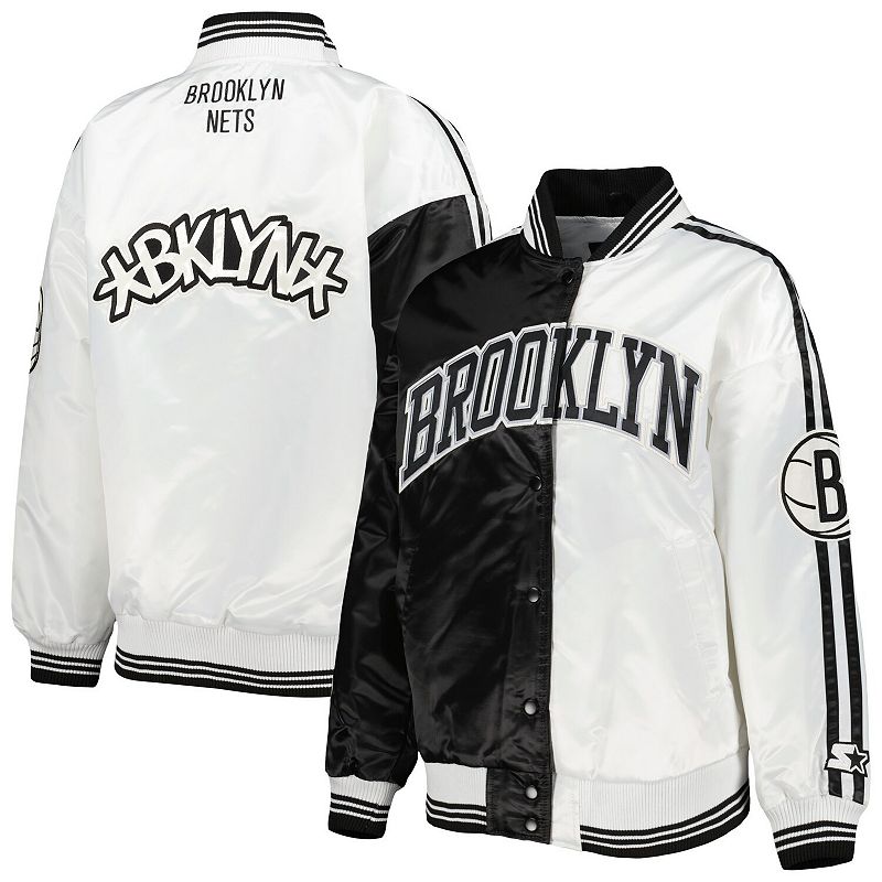 Women's Starter Black/White Brooklyn Nets Split Colorblock Satin Full-Snap Varsity Jacket, Size: XL