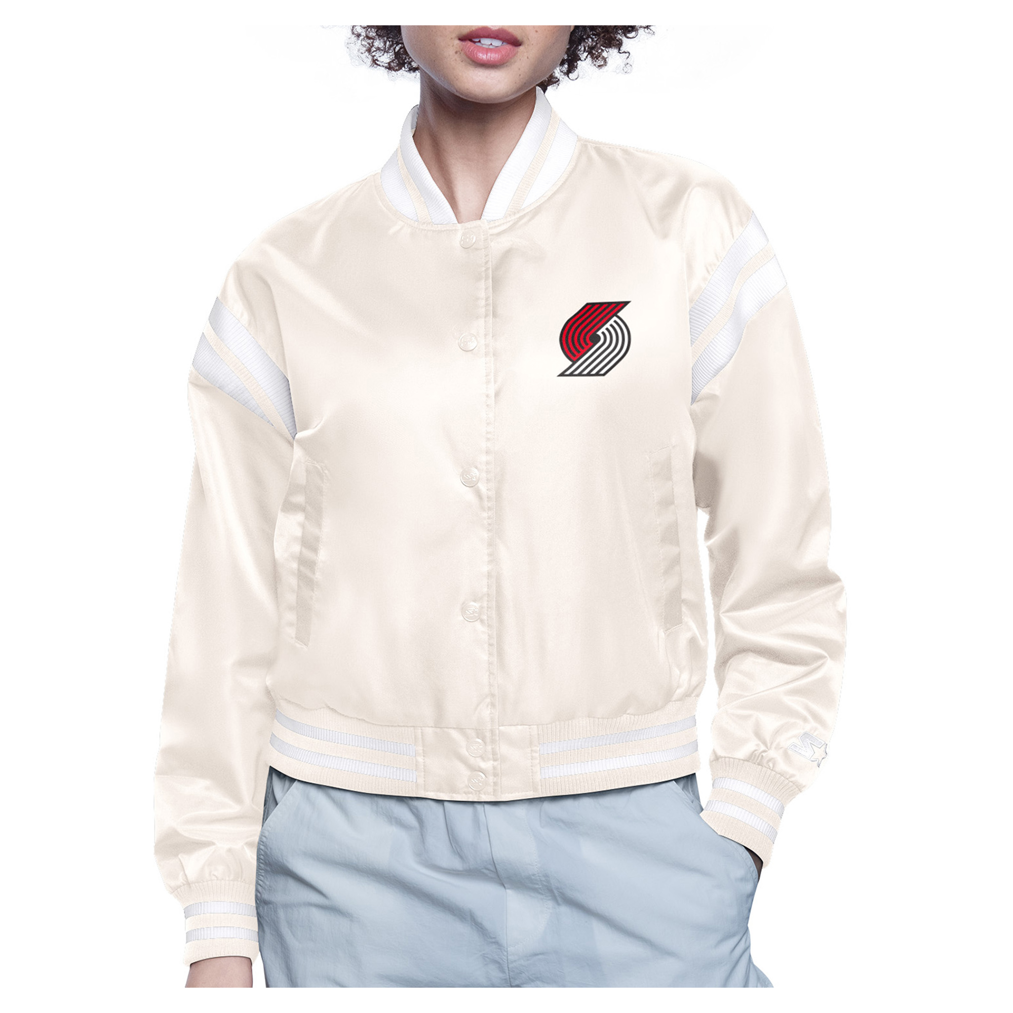 Women's Starter Cream Portland Trail Blazers Printed Logo Cropped Satin Varsity Full-Snap Jacket