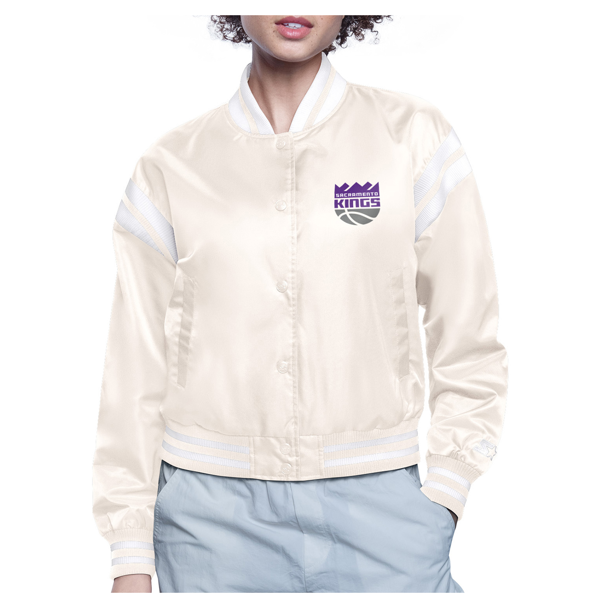 Women's Starter Cream Sacramento Kings Printed Logo Cropped Satin Varsity Full-Snap Jacket