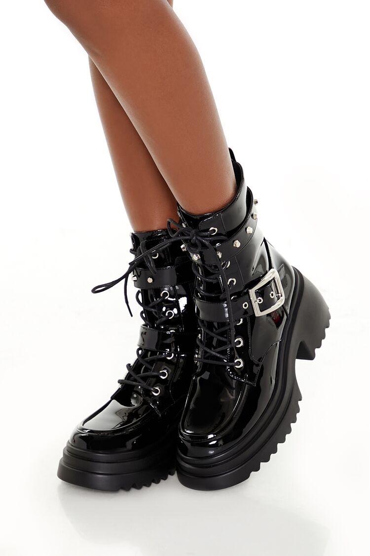 Women's Strappy Buckled Combat Boots in Black, 8