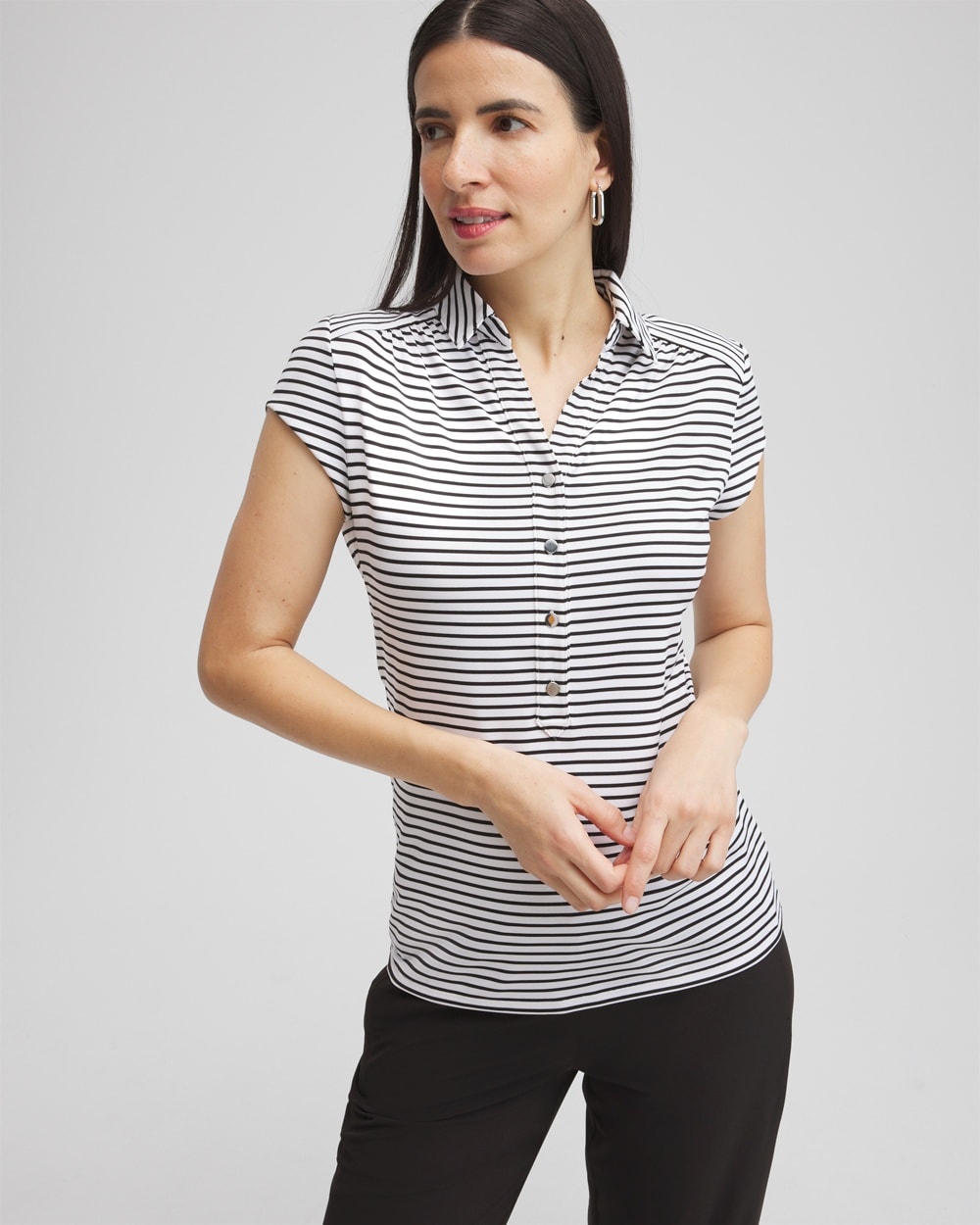 Women's Stripe Cap Sleeve Polo Top in Black size 4/6 | Chico's Zenergy Activewear, UPF Sun Protection