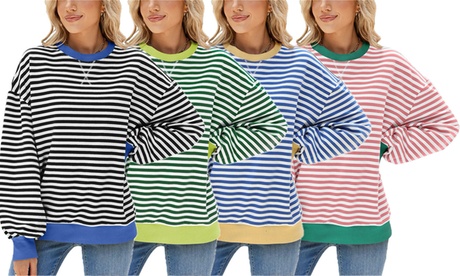 Womens Striped Oversized Sweatshirt Long Sleeve Crewneck Sweatshirt XL Pink