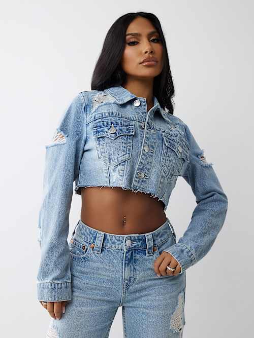 Women's Super Distressed Crop Denim Jacket | Ivd1 | Size Large | True Religion