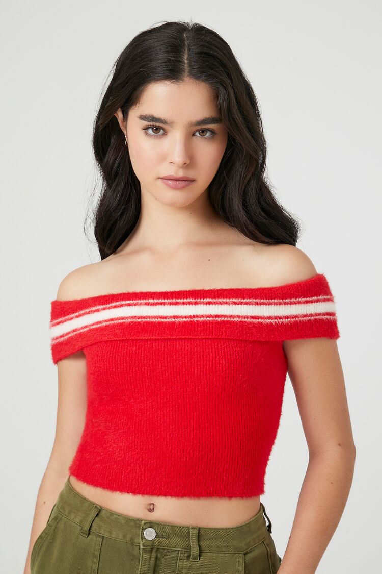 Women's Sweater-Knit Off-the-Shoulder Top in Red/White, XS