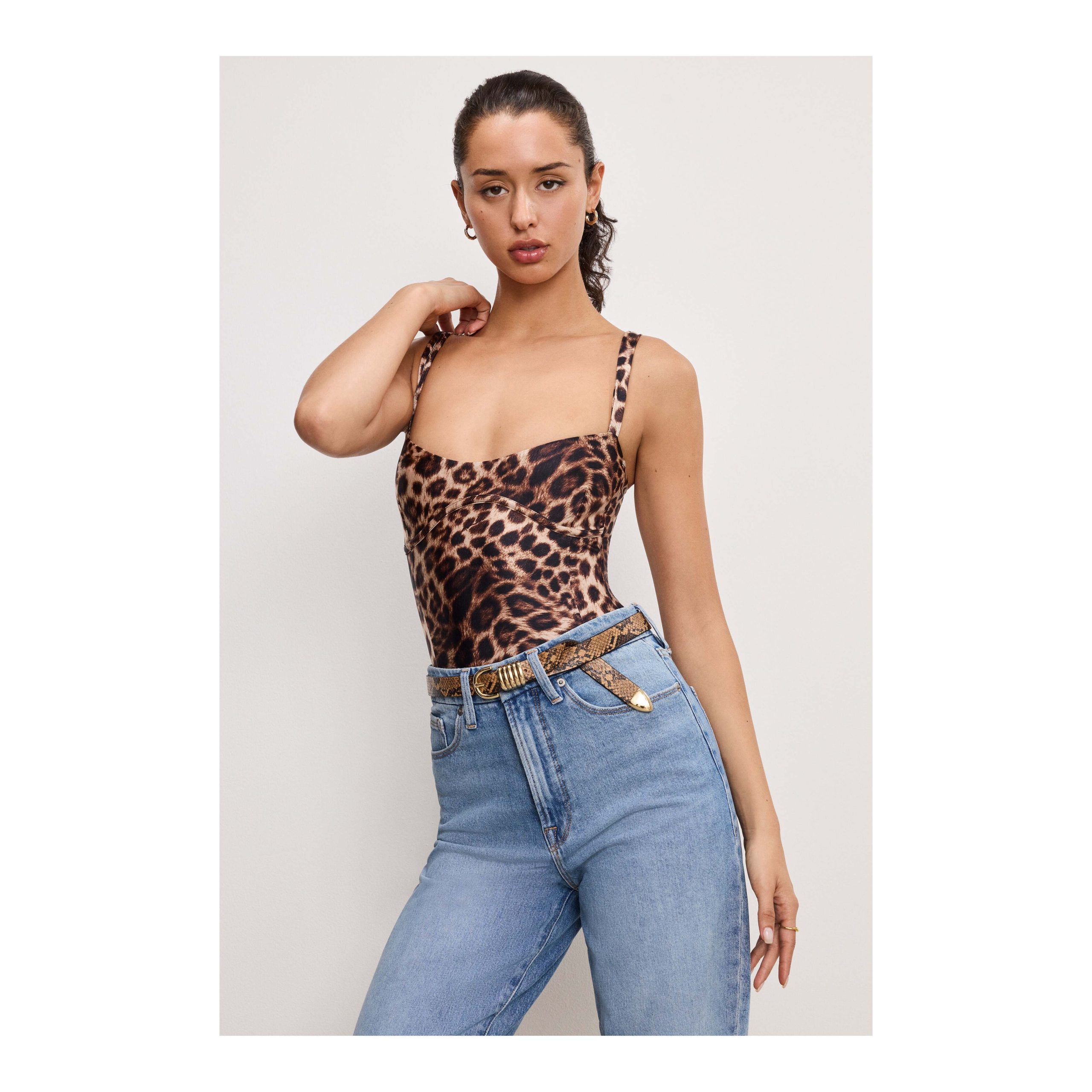 Women's Sweetheart Satin Bodysuit | Fierce Leopard Size Medium | Good American by Khlo Kardashian