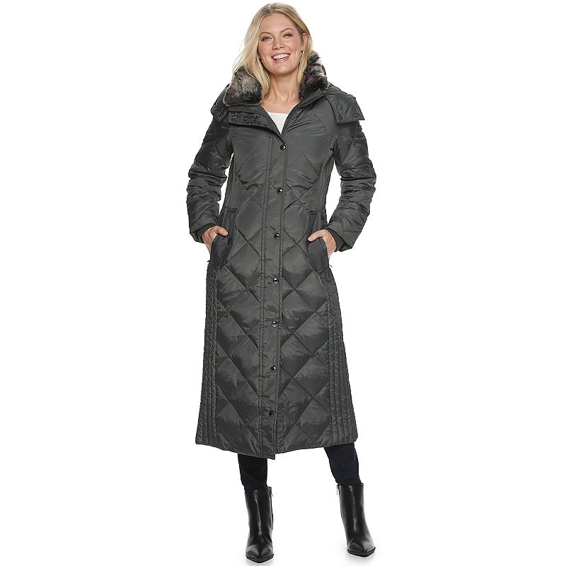 Women's TOWER by London Fog Hooded Quilted Puffer Down Maxi Coat, Size: Large, Grey