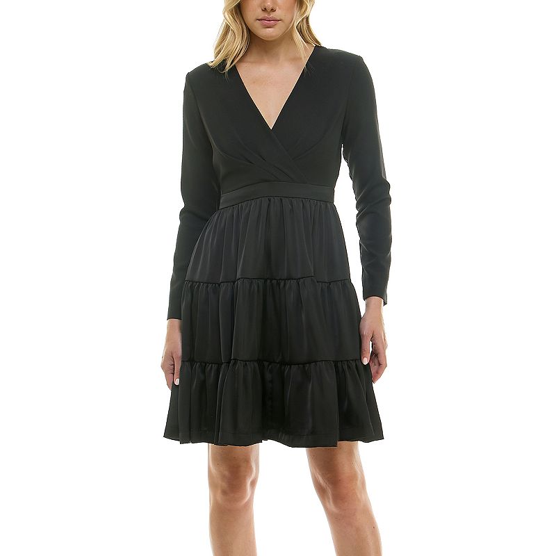 Women's Taylor Long Sleeve Tiered Skirt Dress, Size: 16, Black