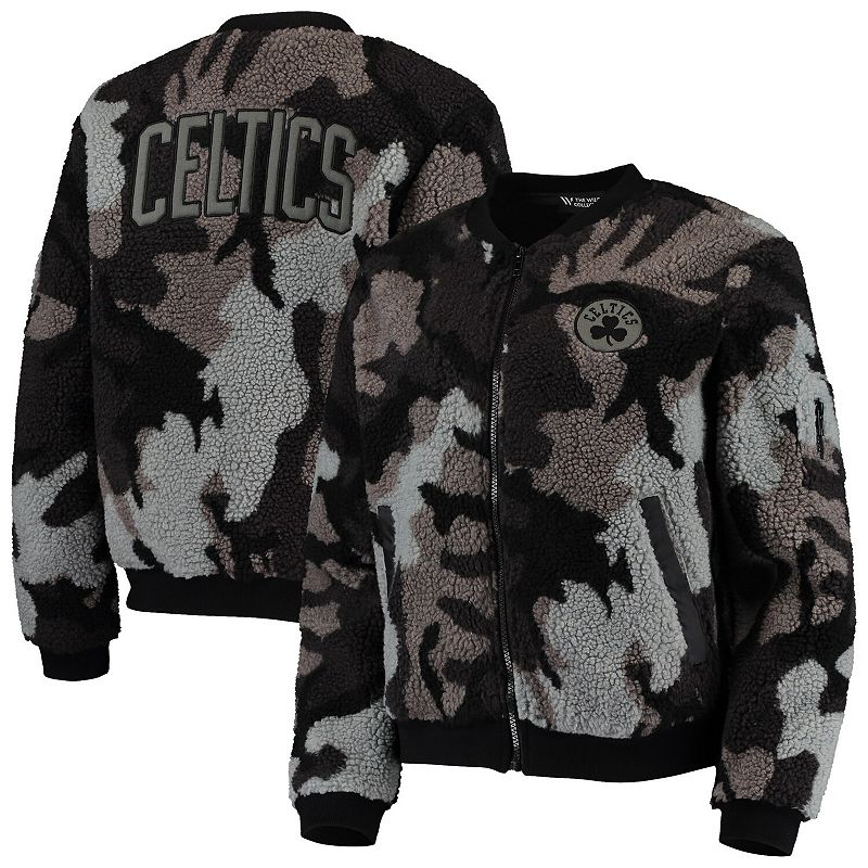 Women's The Wild Collective Black Boston Celtics Camo Sherpa Full-Zip Bomber Jacket, Size: Small