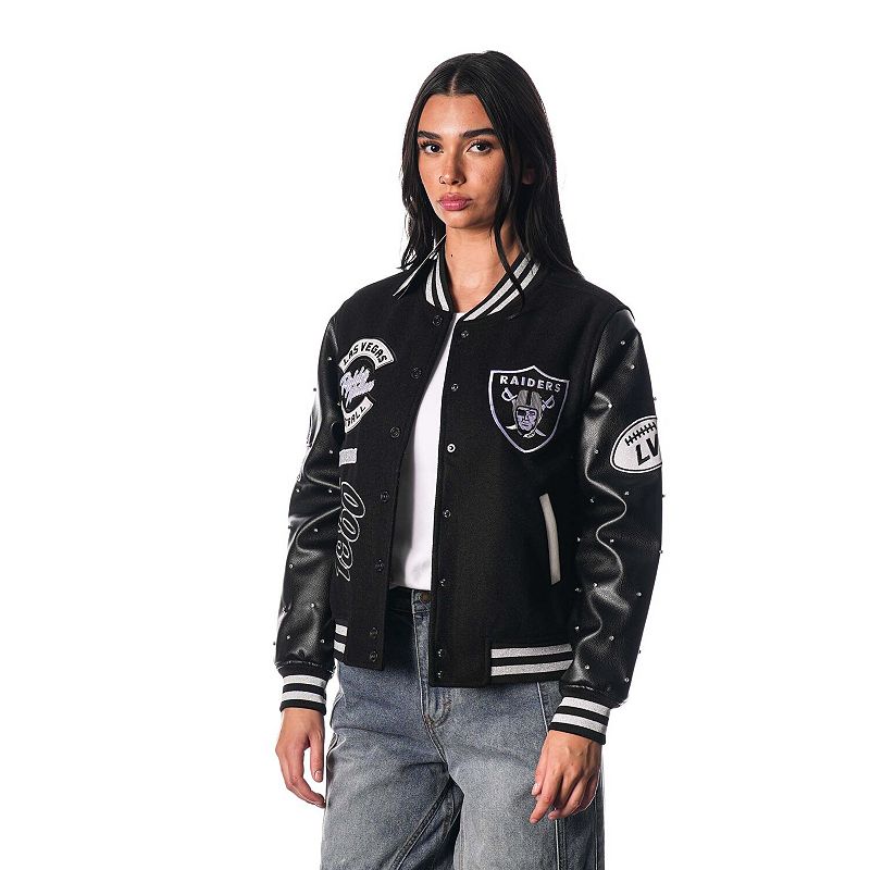 Women's The Wild Collective Black Las Vegas Raiders Varsity Full-Snap Sparkle Jacket, Size: Medium, Lvr Black