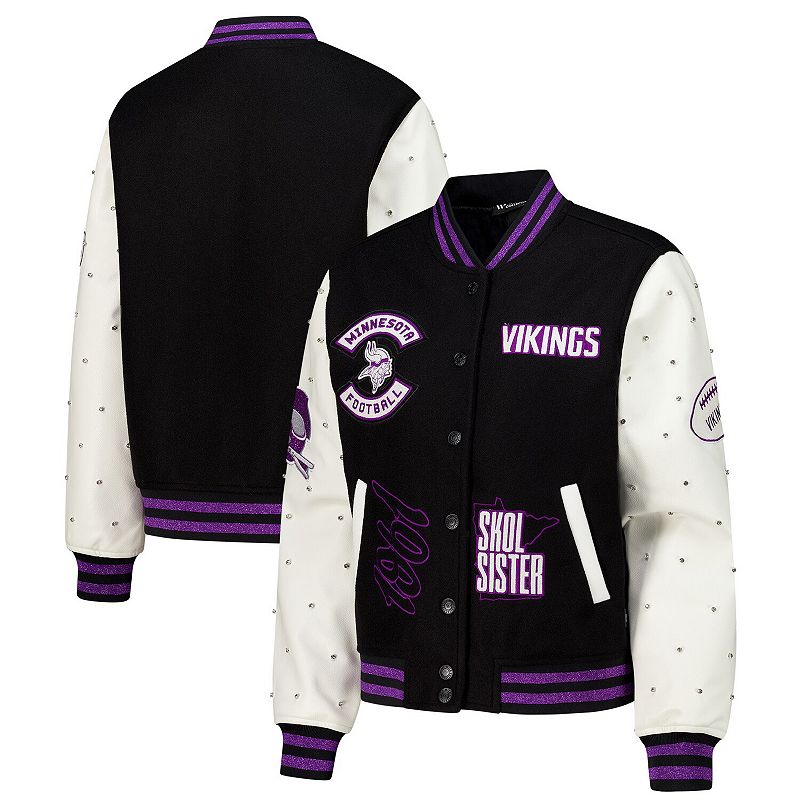 Women's The Wild Collective Black Minnesota Vikings Varsity Full-Snap Sparkle Jacket, Size: Medium