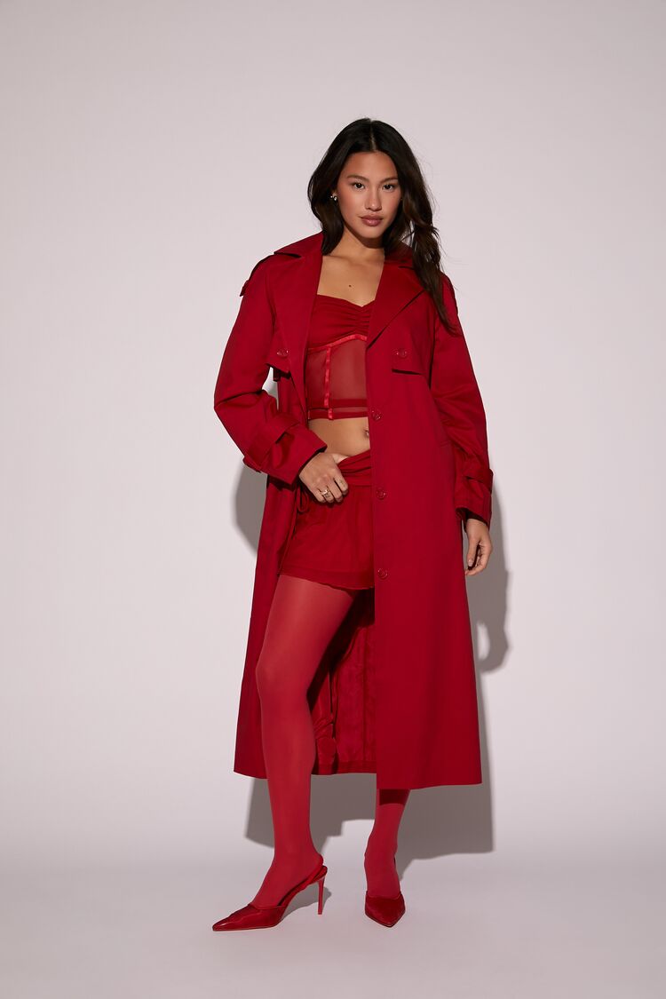 Women's Tie-Front Notched Trench Coat in Dark Red Small