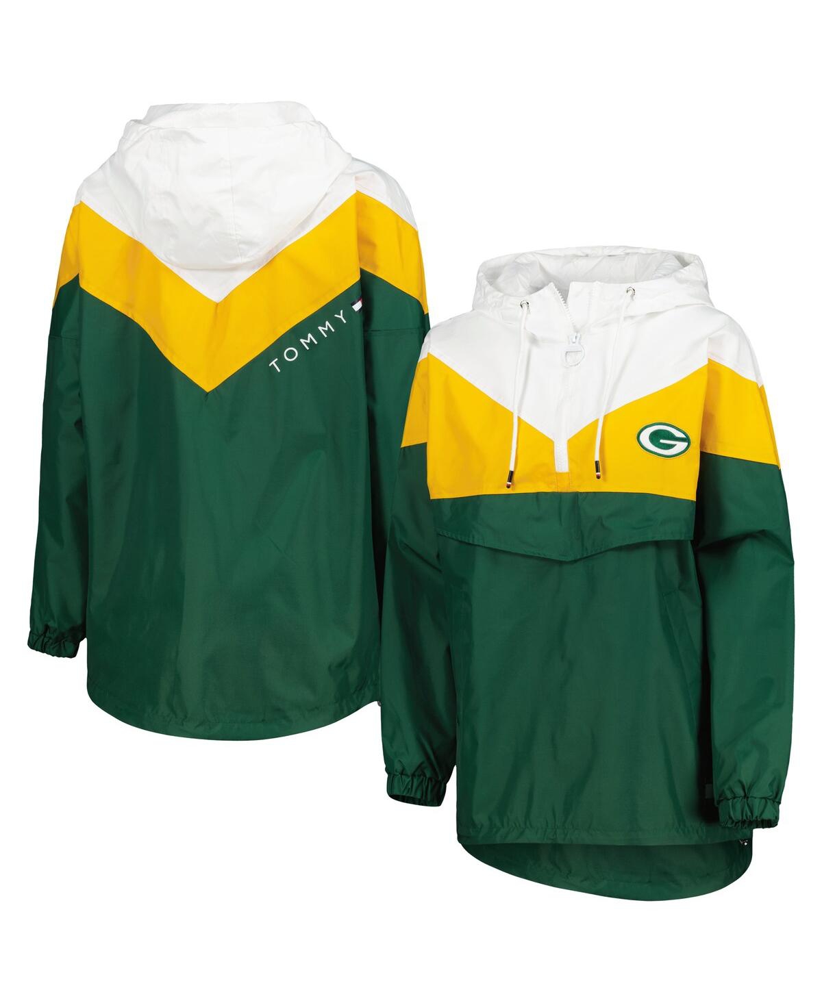 Women's Tommy Hilfiger White, Gold Green Bay Packers Staci Half-Zip Hoodie Windbreaker Jacket - White, Gold