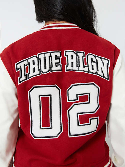 Women's True Team Varsity Jacket | Red Dahlia | Size Small | True Religion