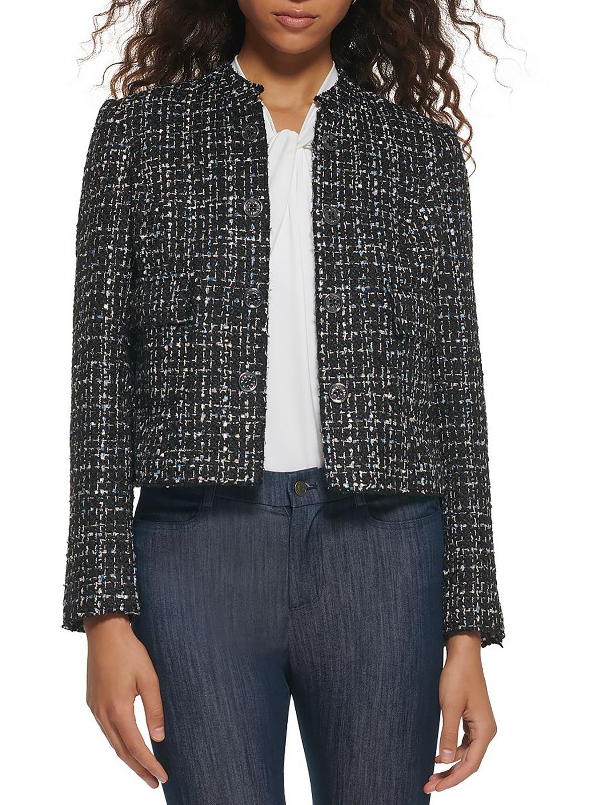 Womens Tweed Cropped Collarless Blazer