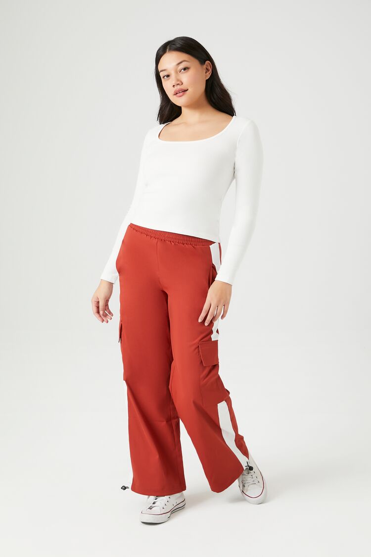 Women's Twill Side-Striped Cargo Pants in Red/White Medium