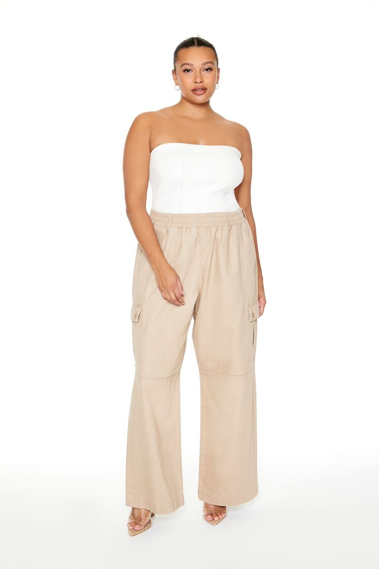 Women's Twill Wide-Leg Cargo Pants in Beige, 1X