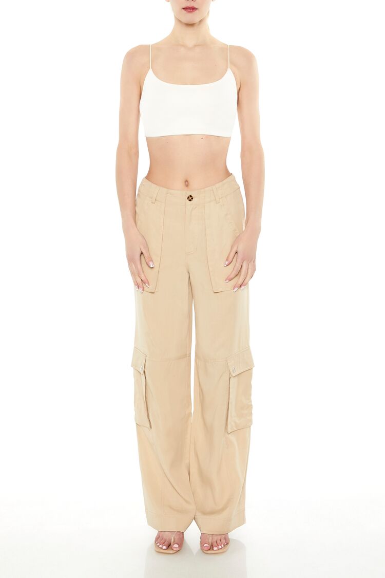 Women's Twill Wide-Leg Cargo Pants in Beige Large