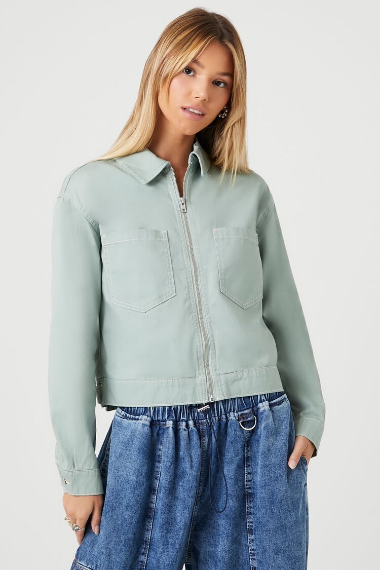 Women's Twill Zip-Up Cropped Shacket in Sage Medium