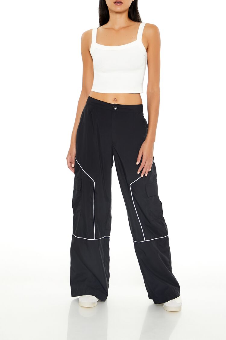 Women's Two-Tone High-Rise Cargo Pants in Jet Black Large