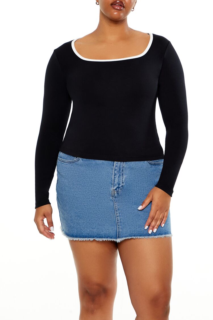 Women's Two-Tone Long-Sleeve Top in Black/White, 3X