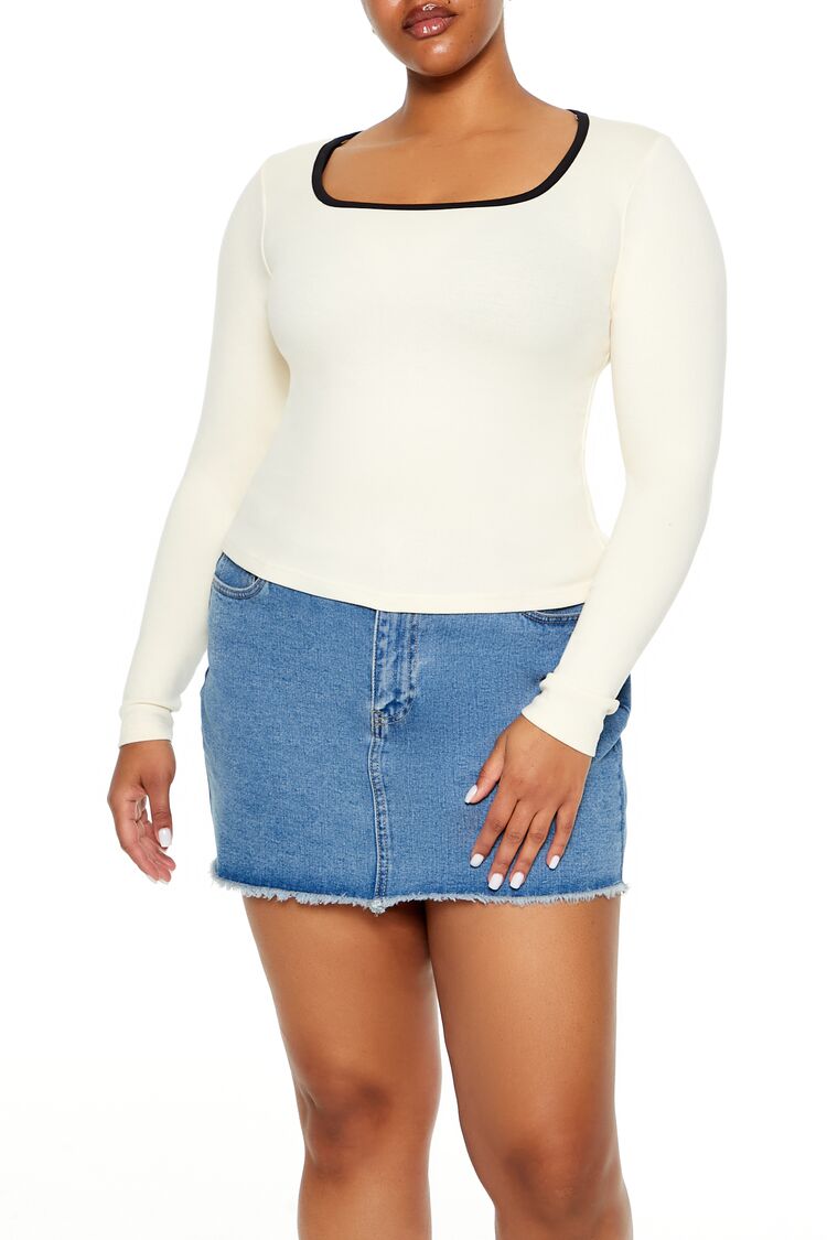 Women's Two-Tone Long-Sleeve Top in Cream/Black, 2X